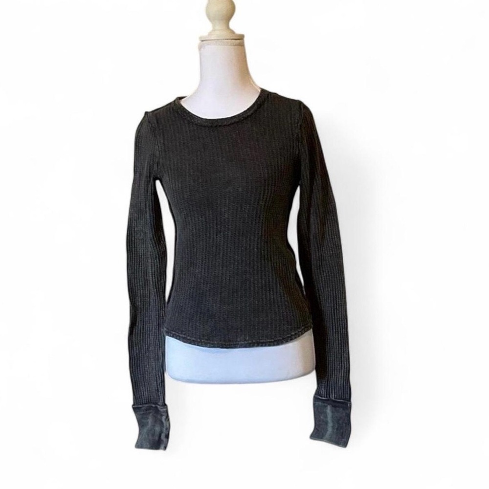 We The Free by Free People Black Thermal Waffle Knit Long Sleeve Top XS | NWOT